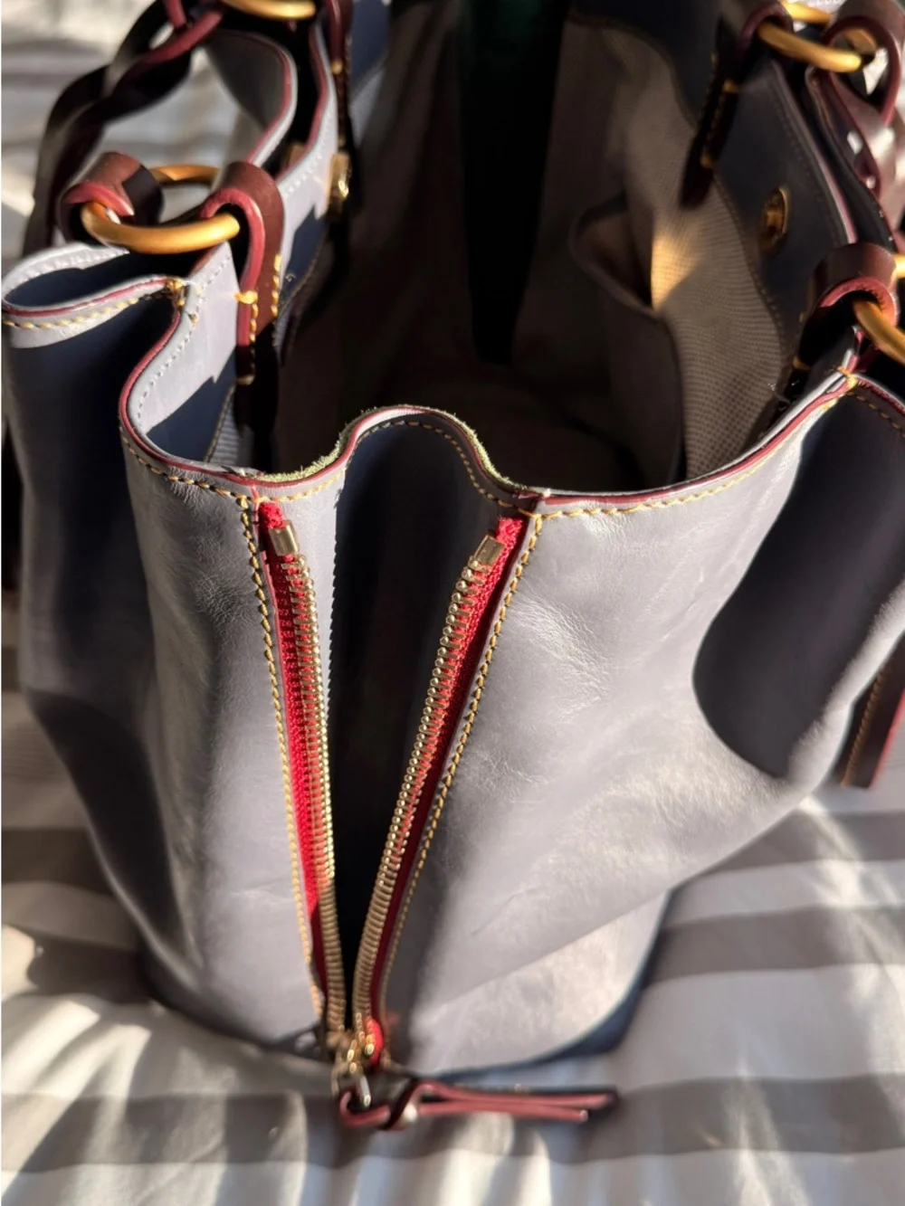 Dooney & Bourke Blue Tote with Brown Braided Handles and Gold Rings - Picture 7 of 11